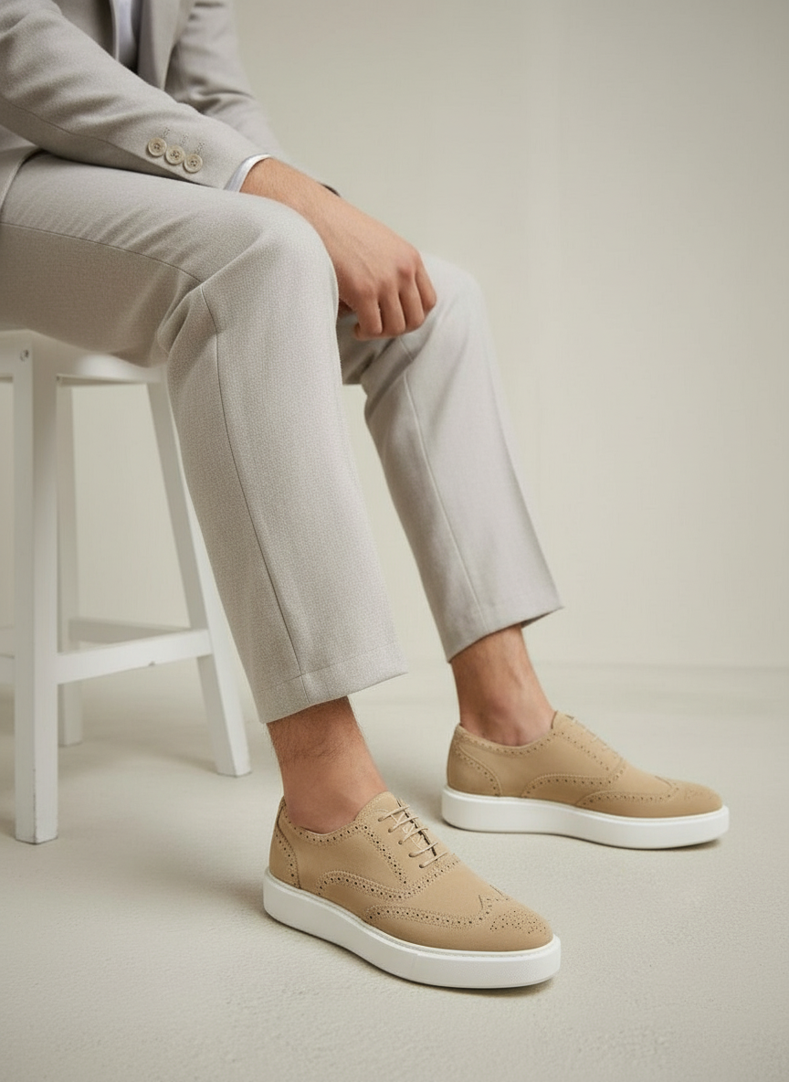 Beige wingtip sneakers - seated crossed legs pose